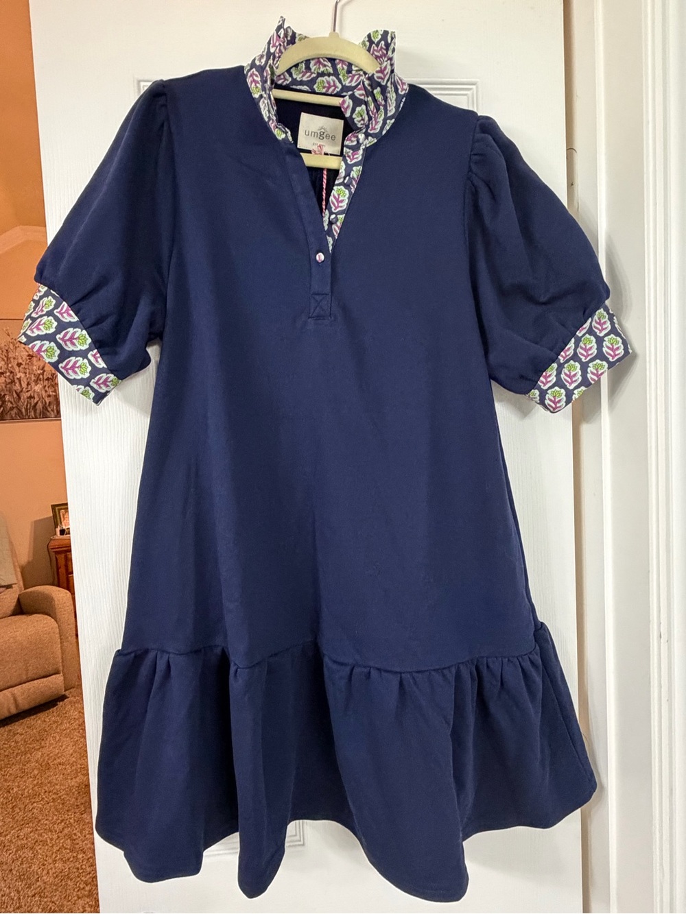 Umgee Navy Ruffle Hem Dress with Floral Trim and Pockets